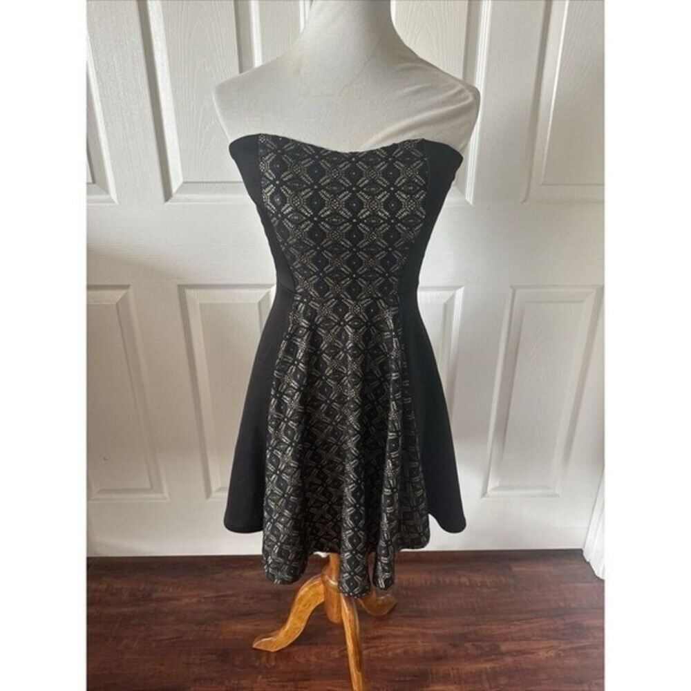 Wild Daisy Juniors M Black Strapless Mini Dress Metallic Lace Fit Flare Y2K Goth